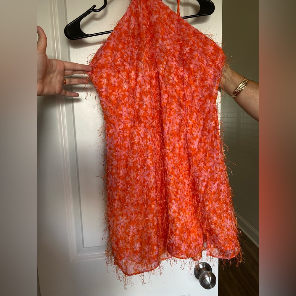 Fuzzy groovy flower print high neck tie neck mini short fun dress size s
